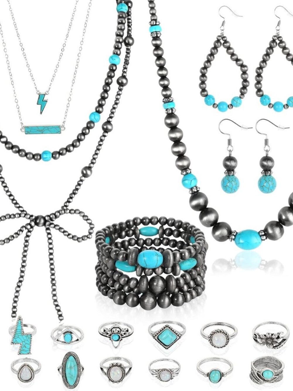 28Pcs Navajo Pearl Jewelry Set for Women Western Turquoise Beaded Choker Bow Nec